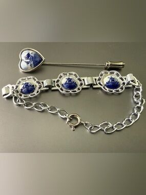 Vtg Delft Blue Porcelain Windmill Filigree 8" Long Panel Bracelet Stick Pin Set
